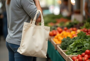 Eco-conscious shopping at farmer’s market with canvas tote