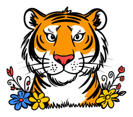 Obraz premium Colorful Tiger Head Illustration Surrounded by Flowers in Bold Artistic Style