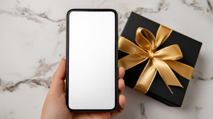 A hand holding a blank smartphone next to a black gift box with a gold ribbon on a marble surface.