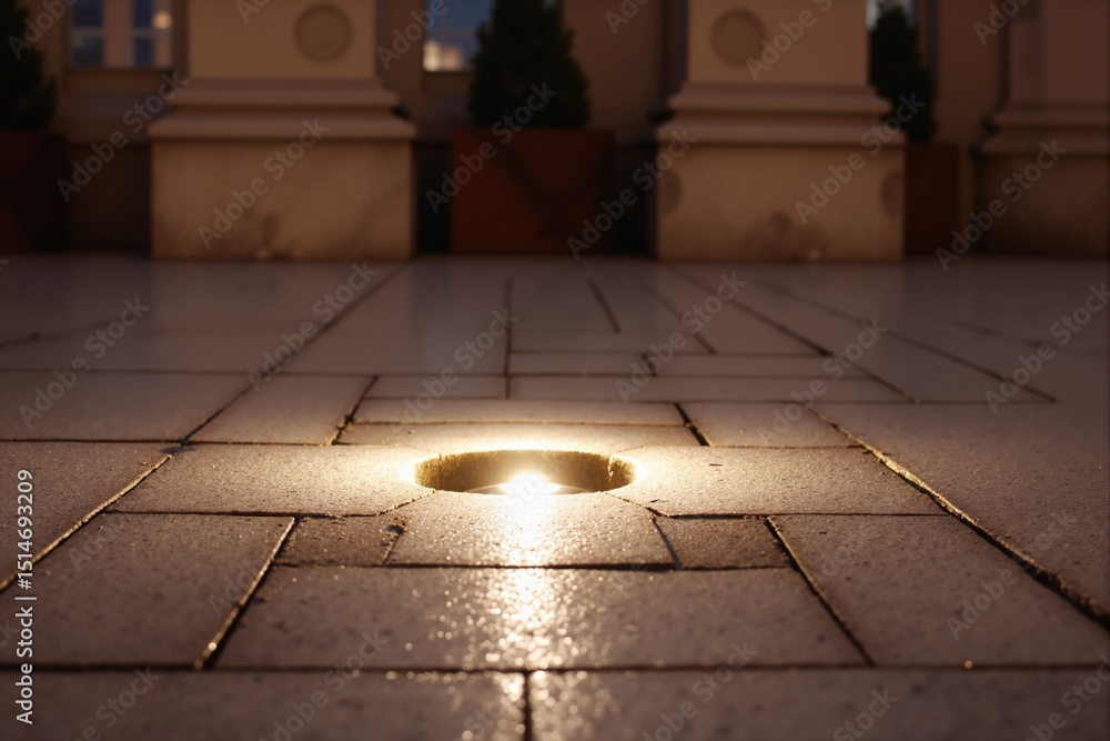 Poster light emanating from a square plate on a stone pavement at night. illuminated outdoor path with a hi