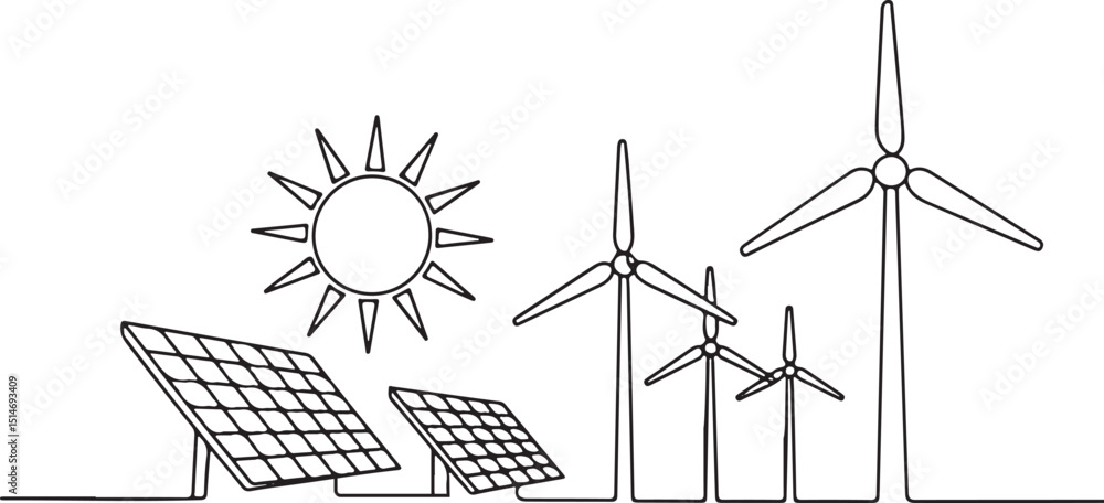 Poster wind turbine and solar panel with sun in one continuous line drawing, minimalist renewable energy co