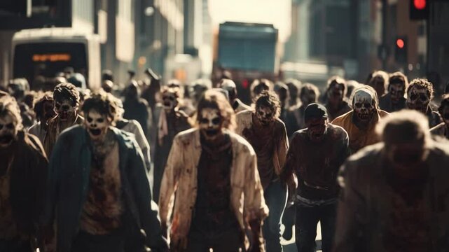 Numerous bloody and gruesome zombies walk down a city street during daylight, creating a terrifying post apocalyptic scene of horror and decay