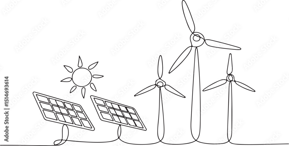 Poster wind turbine and solar panel with sun in one continuous line drawing, minimalist renewable energy co