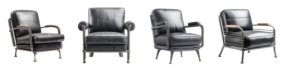 Vintage leather chairs showcasing a selection of elegant, comfortable designs, featuring bold shapes and rich textures for classic home decor and modern interiors.