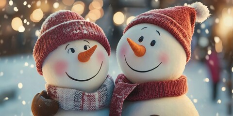 Winter holiday christmas background banner - Closeup of two cute funny laughing snowmen couple with wool hat and scarf, on snowy snow snowscape with bokeh lights (Generative