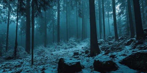 Amazing mystical rising fog forest snow snowy trees landscape snowscape in black forest ( Schwarzwald ) winter, Germany panorama banner - dark mood