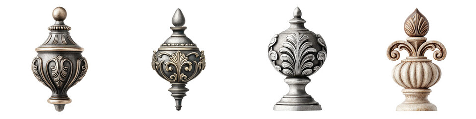 Elegant decorative finials showcasing intricate craftsmanship and metallic tones, perfect for luxurious interior design, adding classic charm and sophistication to any space