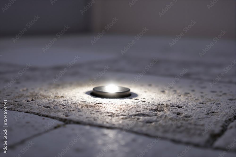 Poster light emanating from a square plate on a stone pavement at night. illuminated outdoor path with a hi