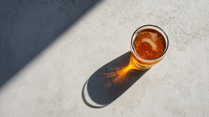 High-angle view of beer glass casting shadow on smooth white concrete surface