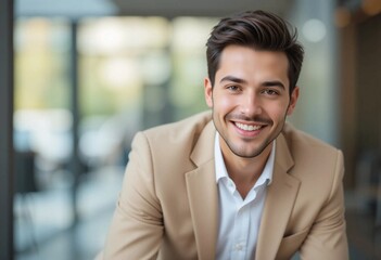 Fototapeta premium Young man with dark hair and blue eyes smiling warmly in a modern office setting during daylight hours