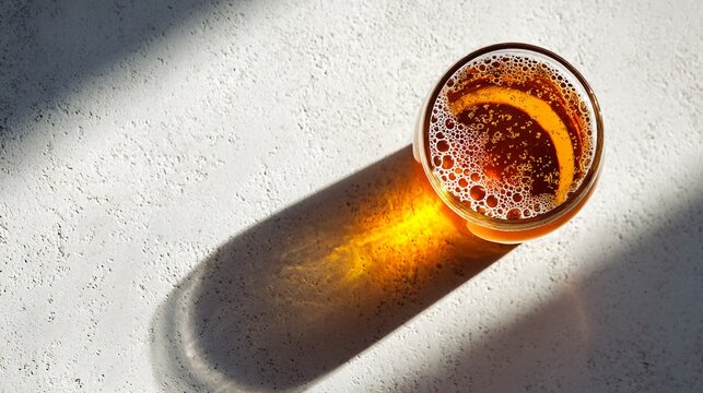 High-angle view of beer glass casting shadow on smooth white concrete surface