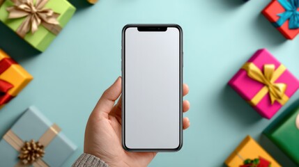 A hand holding a smartphone with a blank screen, surrounded by colorful gift boxes on a light blue background.