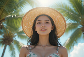 Young woman enjoying a sunny day at the beach, surrounded by palm trees and a clear sky