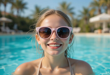 Young girl enjoys summer day by the pool with sunglasses, surrounded by palm trees and clear blue water
