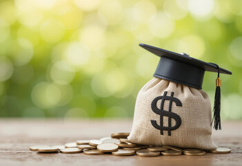 Savings for education represented by a money bag with a graduation cap on top amidst coins on a wooden surface in a blurred green background