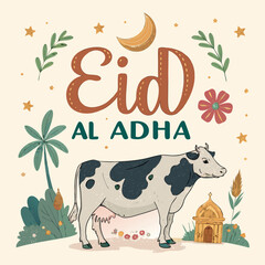 Fototapeta premium Eid Mubarak Greeting Vector | Cow Celebrating Islamic Festival Design