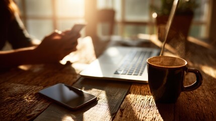 A steaming cup of coffee on a wooden table beside a laptop and smartphone, with sunlight streaming in and a person using a mobile device in the background.