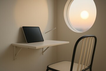 Minimal desk with tablet and pencil near round window at sunset