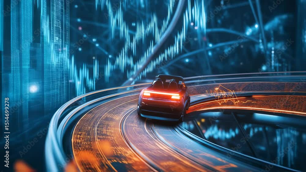 Poster autonomous electric vehicle driving on a futuristic track with financial data visualization in a mod