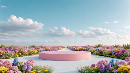 Pink Podium in Flower Field Product Display Under Blue Sky and Clouds