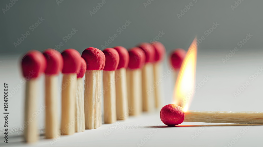 Poster matches lined up in a row with one ignited and producing a flame in a well-lit indoor setting genera