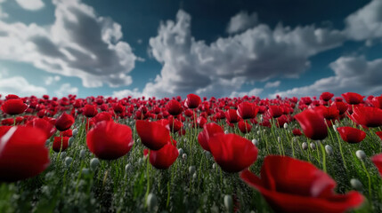 Endless poppy field in gentle motion under a cloudy sky, vibrant red blossoms glowing
