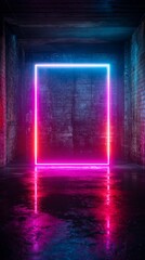 Pink and Blue Neon Rectangular Frame in Dark Brick Room