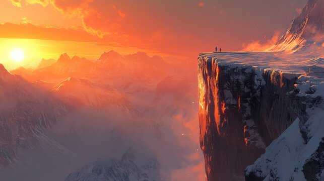 Person Silhouetted Against a Dramatic Winter Sunset Mountain Landscape