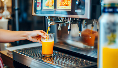 ドリンクバーでジュースを入れている　Drinks are being poured at the bar.
