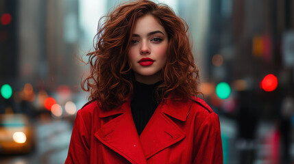 An auburn-haired woman in a bold red trench coat, standing gracefully on a city street in a rainy urban setting