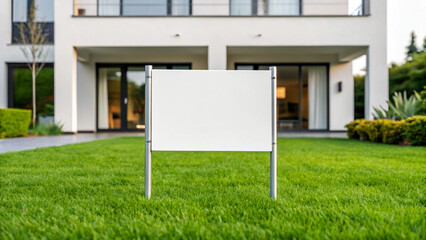 Real Estate Sign Blank Template in Front Yard of Modern House Residence