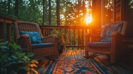 Rustic porch rocking chairs at sunset