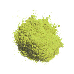 Matcha green tea powder on white background flatlay top view. Organic sencha herb heap shows healthy asian lifestyle drink. Ground chlorella splash creates natural zen food ingredient look.