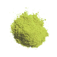 Gordijnen Matcha green tea powder on white background flatlay top view. Organic sencha herb heap shows healthy asian lifestyle drink. Ground chlorella splash creates natural zen food ingredient look. © RDVector