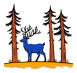 Colorful Illustration of Blue Deer Among Tall Trees in Simple Art Style