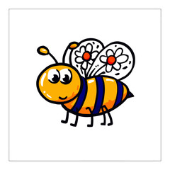 Fototapeta premium Cute Hand-Drawn Cartoon Bee with Flowers and Vibrant Colors for Art Projects