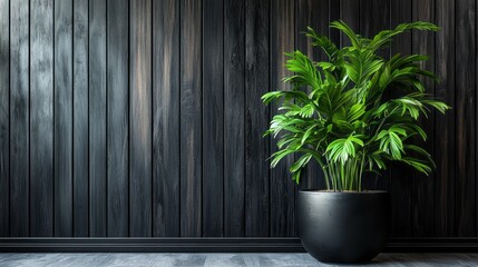 Fototapeta premium A sleek black wooden wall panel serves as a striking backdrop for a vibrant green plant in a minimalist setting, creating a balanced and stylish atmosphere
