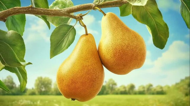 Two pears on branch, rural summer landscape background with copy space