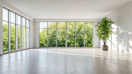 Bright Empty Room with Large Windows and Green Tree for Real Estate Marketing