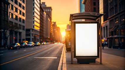 City Street with Blank Advertising Billboard at Bus Stop during Golden Hour Sunset