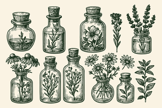 herbal glass bottles and plants vintage engraving vector illustration
