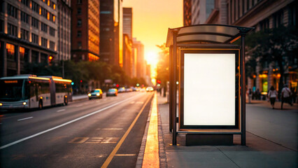 Urban Cityscape at Sunset: Empty Bus Stop Billboard on Busy Street