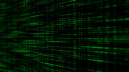 Stream of binary code. Green matrix background. Falling dots texture on dark backdrop. Digital computer code. Coding and hacking. 3D rendering.