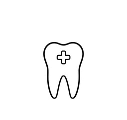 Dental Health Icon: A simple line art illustration depicts a healthy tooth with a plus sign, symbolizing dental care and well-being.