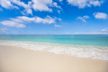 Stunning empty sunny beach closeup pristine sea waves sand Mediterranean summer mood Tropical landscape blue sunny sky background. Peaceful sunshine shore travel inspire panoramic tourism relax island