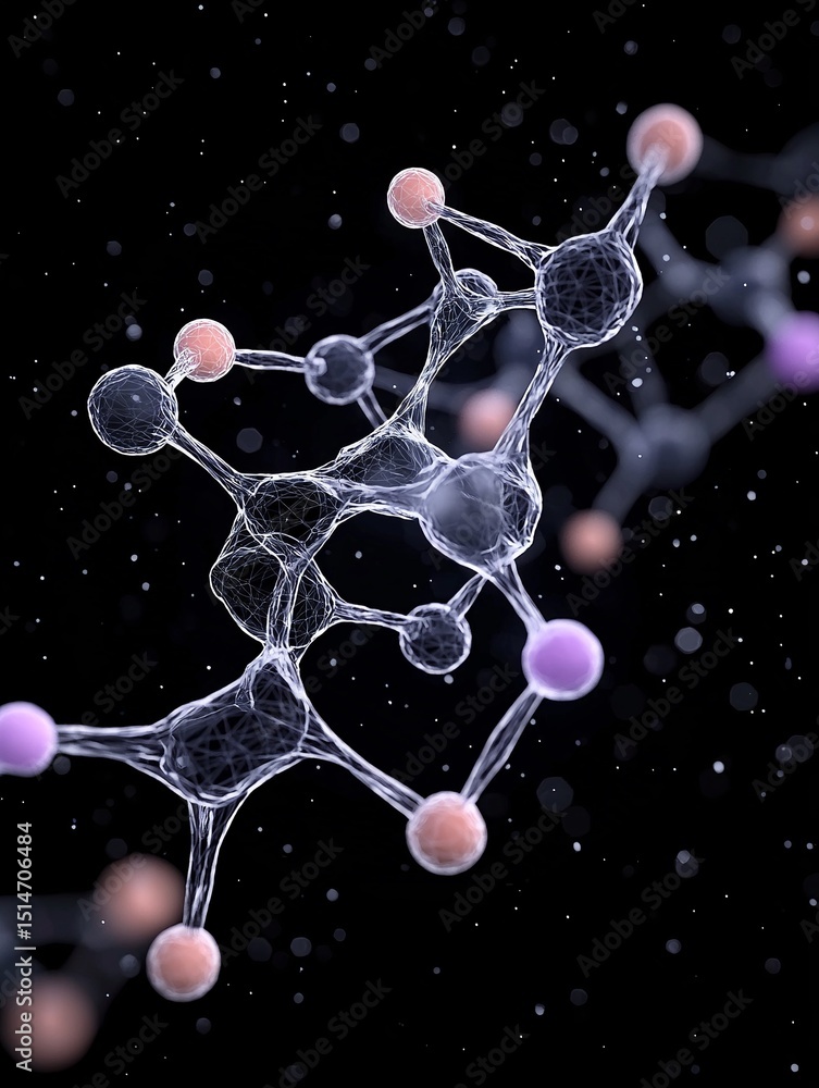 Poster abstract tech grid of semi-transparent hexagons with pink and purple nodes