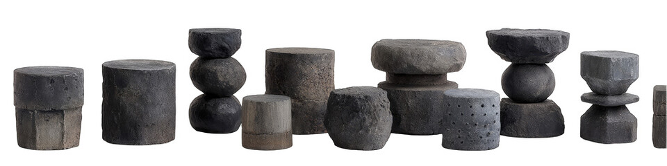 A collection of cylindrical and spherical stone objects