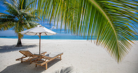 Closeup sunny beach chairs umbrella palm leaves. Romantic tropical escape luxury summer vacation spot, peaceful sunshine sea shore. Love couple travel scene, exotic paradise. Amazing tourism landscape