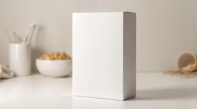 Simple food box mockup with subtle kitchen props and soft focus
