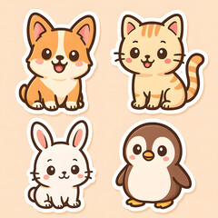 Obraz premium Adorable Cartoon Animal Stickers Set Puppy Kitten Bunny Penguin Kawaii Illustration Design